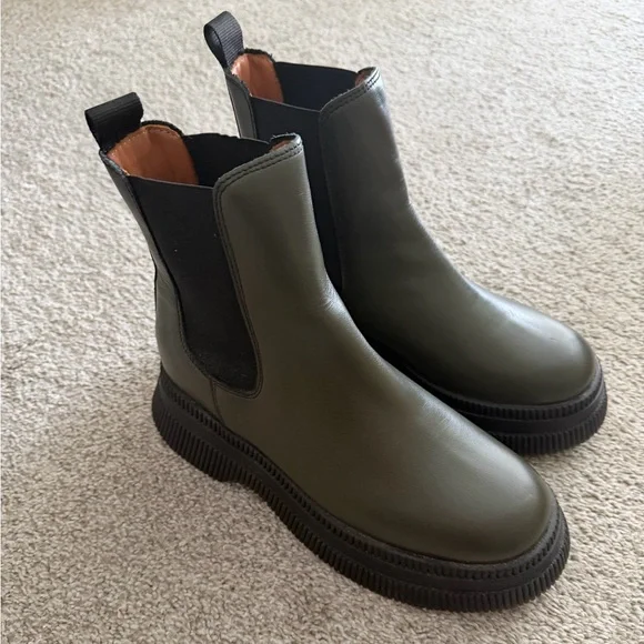 NWOB GANNI - Creepers Leather Chelsea Boots - Kalamata Olive Green - EU 40/US 10 - Picture 9 of 16